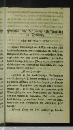 Protokoll bei der Haupt-Versammlung zu Dresden, den 19. April 1836