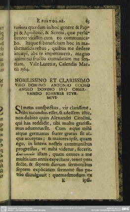 Nobilissimo Et Clarissimo Viro Domino Antonio Cooko Anglo Domino Suo Observando Ioannes Sturmius