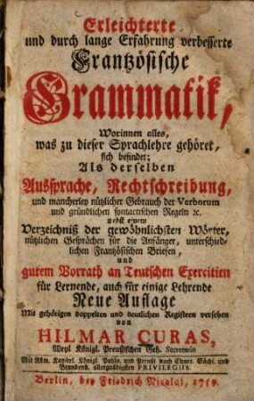 Erleichterte und durch lange Erfahrung verbesserte frantzösische Grammatik