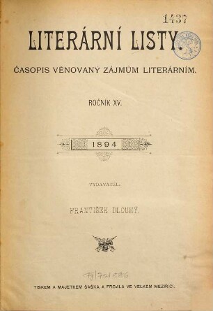 Literární listy : časopis věnovaný moderní kritice literární. 15. 1894 (1893/94)