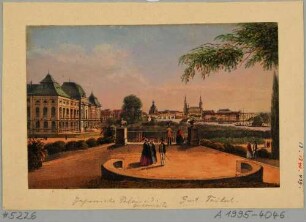 Der Garten des Japanischen Palais in Dresden, Blick nach Osten auf das Japanische Palais und die Altstadt von Dresden