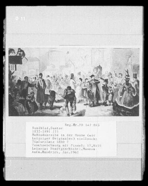 Meßbudenreihe in der Messe mit Leipziger Originalen (Töpferplatz 1860?)