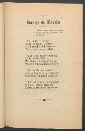 Manojo de Cláveles : Para el poeta de alma sincera Enrique Collado Saavedra, cariñosamente.