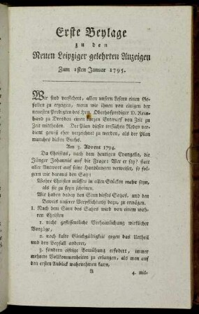 Erste Beylage zu den Neuen Leipziger gelehrten Anzeigen. Zum 1sten Januar 1795.