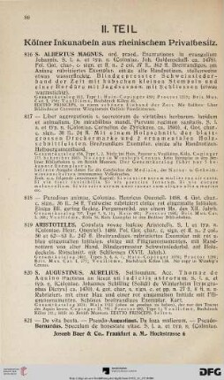 II. Teil: Kölner Inkunabeln aus rheinischem Privatbesitz (Nr. 816-887)