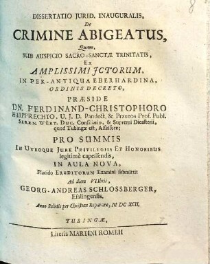 Dissertatio iurid. inauguralis, de crimine abigeatus
