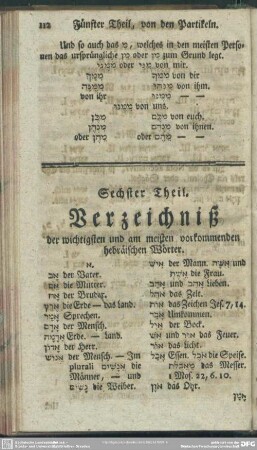 Sechster Theil. Verzeichniß der wichtigsten und am meisten vorkommenden hebräischen Wörter