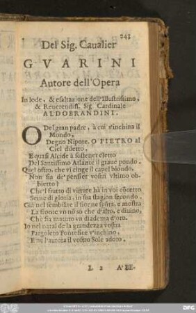 Del Sig. Cavalier Guarini Autore dell'Opera In lode, & esaltazione dell'Illustrissimo ... Sig. Cardinale Aldobrandini.