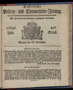 49tes Stueck, Montag den 6ten December. 1784