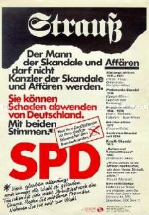Propagandaflugblatt der SPD zur Bundestagswahl 1980 mit scharfer Polemik gegen F. J. Strauß