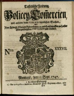 Nro. XXXVII, Montags, den 11. Sept. 1747