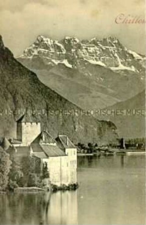 Teil einer Panoramakarte: Ansicht von Chillon am Genfer See mit dem "Dent du Midi" (2. Teilstück)