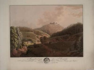 Ansicht von Schloss Augustusburg, kolor. Umrissradierung mit Wappen und Erläuterungen, um 1800 : Augustusburg ohnweit Chemnitz : dem Prinzen Anton Clemens Herzog zu Sachsen … gewidmet von Christ. Gottf. Schultze / Nach der Natur gezeichnet von J. F. Wizani. Gefertigt von C. A. Wizani - [Dresden] : Schultze , [um 1800]. - 1 Kunstbl. : kolor. Umrissradierung ; 52 x 37 cm