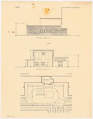 Empfangsgebäude an einer Vorortbahn Monatskonkurrenz Mai 1929: Lageplan 1:500; Aufriss Seitenansicht, Querschnitt 1:100