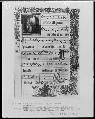 Antiphonarium — Buchseite mit einer Initiale und einer Miniatur am Rand