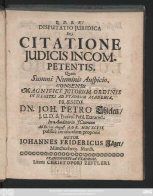 Disputatio Iuridica De Citatione Iudicis Incompetentis