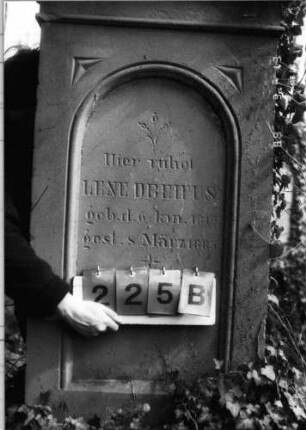 Grabstein 225 (Index: 100093544) Maße HxBxT: 197x59x29 cm Symbolik: Verzierungen: Grabstein 225B