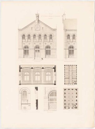 Werke der höheren Baukunst, Darmstadt 1856. Börse, Bergen: Grundrisse Erdgeschoss, Obergeschoss, Ansichten, Schnitt, Details