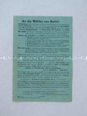 Propagandaflugblatt der Freien Wählergemeinschaft Berlin 1954