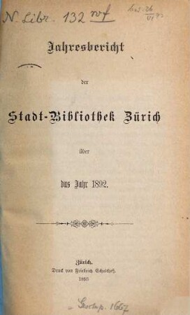 Jahresbericht der Stadtbibliothek Zürich : über d. Jahr .... 1892