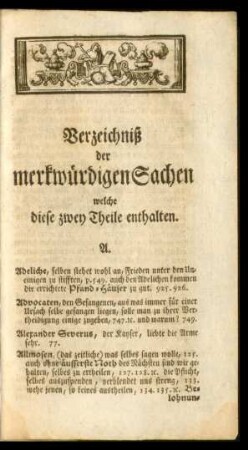Verzeichniß der merkwürdigen Sachen welche diese zwei Theile enthalten