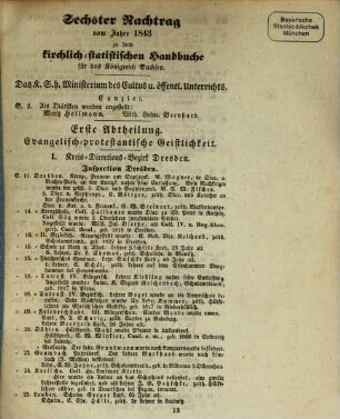 Kirchlich-statistisches Handbuch für das Königreich Sachsen oder Verzeichniß der in dem Königreiche Sachsen angestellten Geistlichen, Schulmeister, Schullehrer, Cantoren aller Confessionen. 6. 1843
