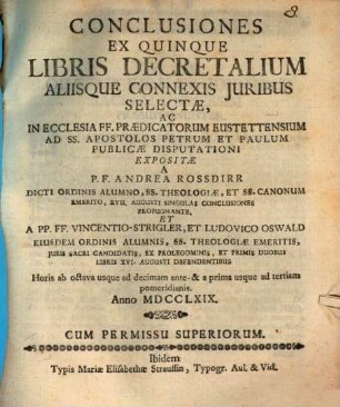 Conclusiones Ex Quinque Libris Decretalium Aliisque Connexis Juribus Selectae