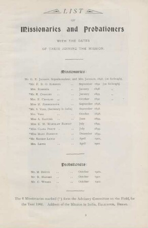 List of Missionaries and Probationers
