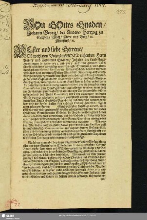 [Druck:] Johann Georg II.: Erlass, d. Steuerregister betr., dat. Dreßden, 16.2.1661