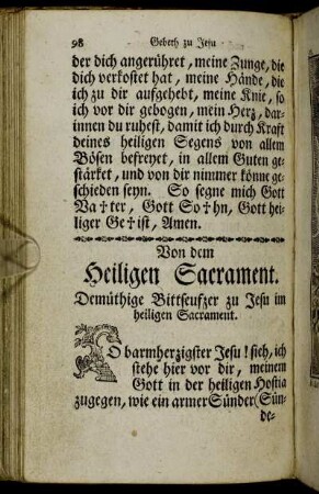 Von dem Heiligen Sacrament. - Anrufung des heiligen Geistes um Erlangung der sieben Gaben.