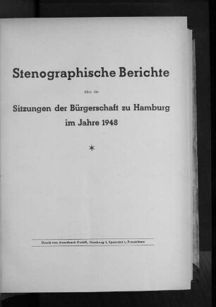 1948: Stenographischer Bericht über die ... Sitzung // Bürgerschaft der Freien und Hansestadt Hamburg