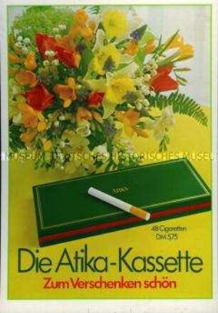 Werbeschild mit Blumenmotiv (doppelseitig) für "Atika"-Zigaretten, "Zum Verschenken schön"