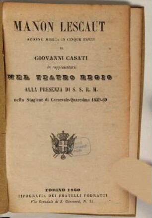 Manon Lescaut : azione mimica in cinque parti ; da rappresentarsi nel Teatro Regio nella stagione di carnevale - quaresima 1859 - 60