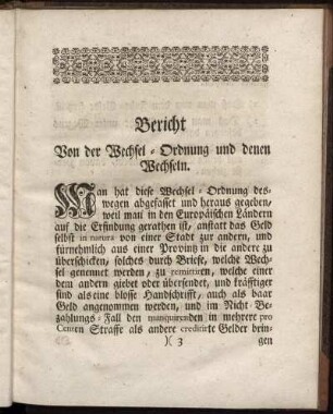 Bericht Von der Wechsel- Ordnung und denen Wechseln.