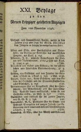 XXI. Beylage zu den Leipziger gelehrten Anzeigen - Zum 1sten November 1796.