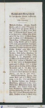 Geschlechts-Verzeichniß der herrschenden Häuser in Europa. Erste Abtheilung.
