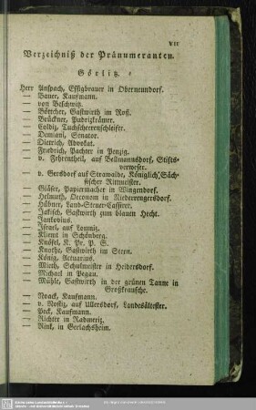 Verzeichniß der Pränumeranten