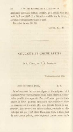 Cinquante et unième lettre. Le P. Wilmet, au R. P. Provincial