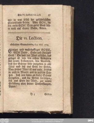 Die VI. Lection. Gehalten Sonnabends, d. 5. Maii. 1725.