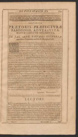 Sententia Praetoris Praefecturae Parisiensis, Adversus Famosum Libellum Inscriptum, In Jac. Aug. Thuani Historiarum libros Notationes auctore Jo. Baptista Gallo.