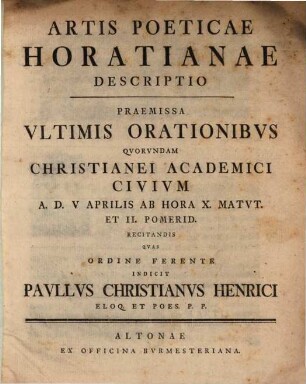 Artis poeticae Horatianae descriptio : programma