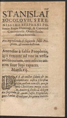 Stanislai Socolovii ... Oratio Ecclesiastica Secunda.