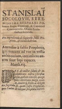 Stanislai Socolovii ... Oratio Ecclesiastica Secunda.