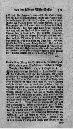 Cymbelline, König von Brittanien. Ein Trauerspiel.