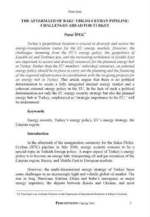 The aftermath of Baku-Tbilisi-Ceyhan pipeline : challenges ahead for Turkey