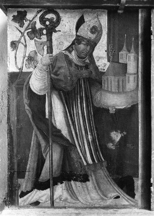 Altar : Altar. Holz, geschnitzt, z. T. bemalt (um 1522). Bemalter Flügel mit einem Bischof. Ferlach, Wallfahrtskapelle Sankt Anna