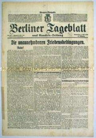 "Berliner Tageblatt" zu den Friedensbedingungen von Versailles