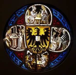 Vierpass-Scheibe mit Reichsadler des Hl. Römischen Reiches, belegt mit Allianzwappen Österreich-Burgund, und Paaren beim Spielen