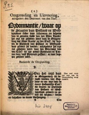 Ontgronding en Uitvoering, mitsgaders den Deurvaart van den Turf : Ordonnantie, waar op de Staaten van Holland en West-vriesland sullen doen collecteren ten behoeve van de gemeene saake van den selven Lande, ...