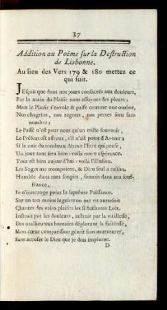 Addition au Poeme sur la Destruction de Lisbonne. Au lieu des Vers 179 & 180 mettez ce qui fuit